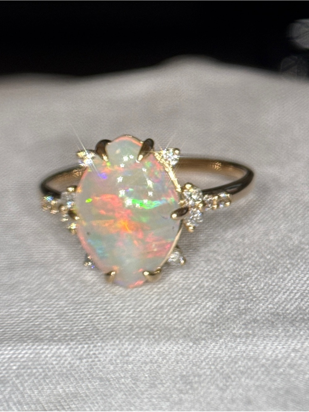 Australian Opal and Diamond Halo Ring in 14k Yellow Gold - Iridescent Opal - Picture 5 of 12